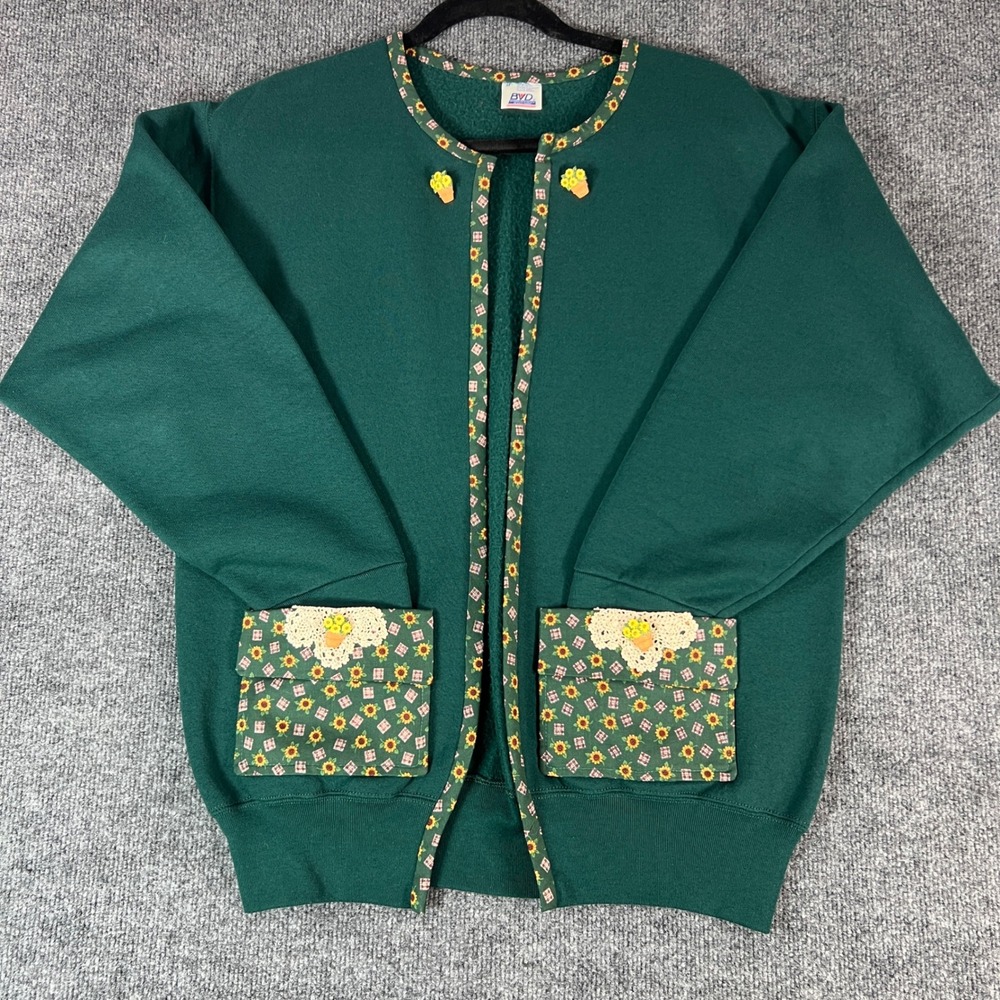 BVD Green Sunflower Patch Pocket Cardigan Sweatshirt Women's Size Medium